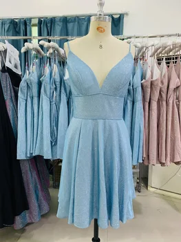  2023 Скай-сини рокли за бала luckgirls с V-образно деколте, Блестящи Къса Рокля с А-силует дантела с джоб - mocini tailor
