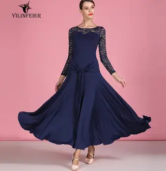  рокля за балните танци за момичета, стандартно рокля за балните танци за възрастни, дамско дантелено рокля с дълъг ръкав, тъмно синьо s9064